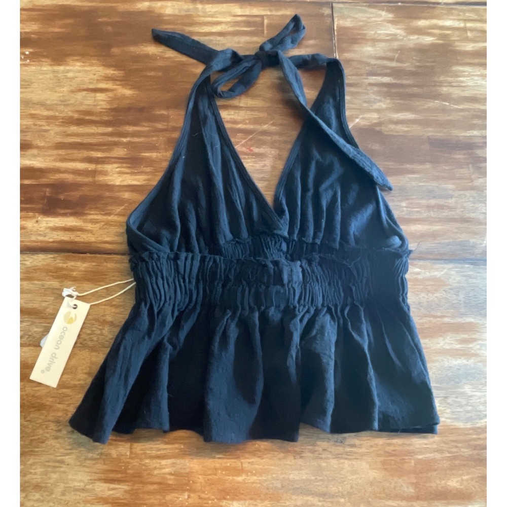 Ocean Drive Womens Black Halter Top Smocked Peplum V-Neck Boho Tank Large NWT